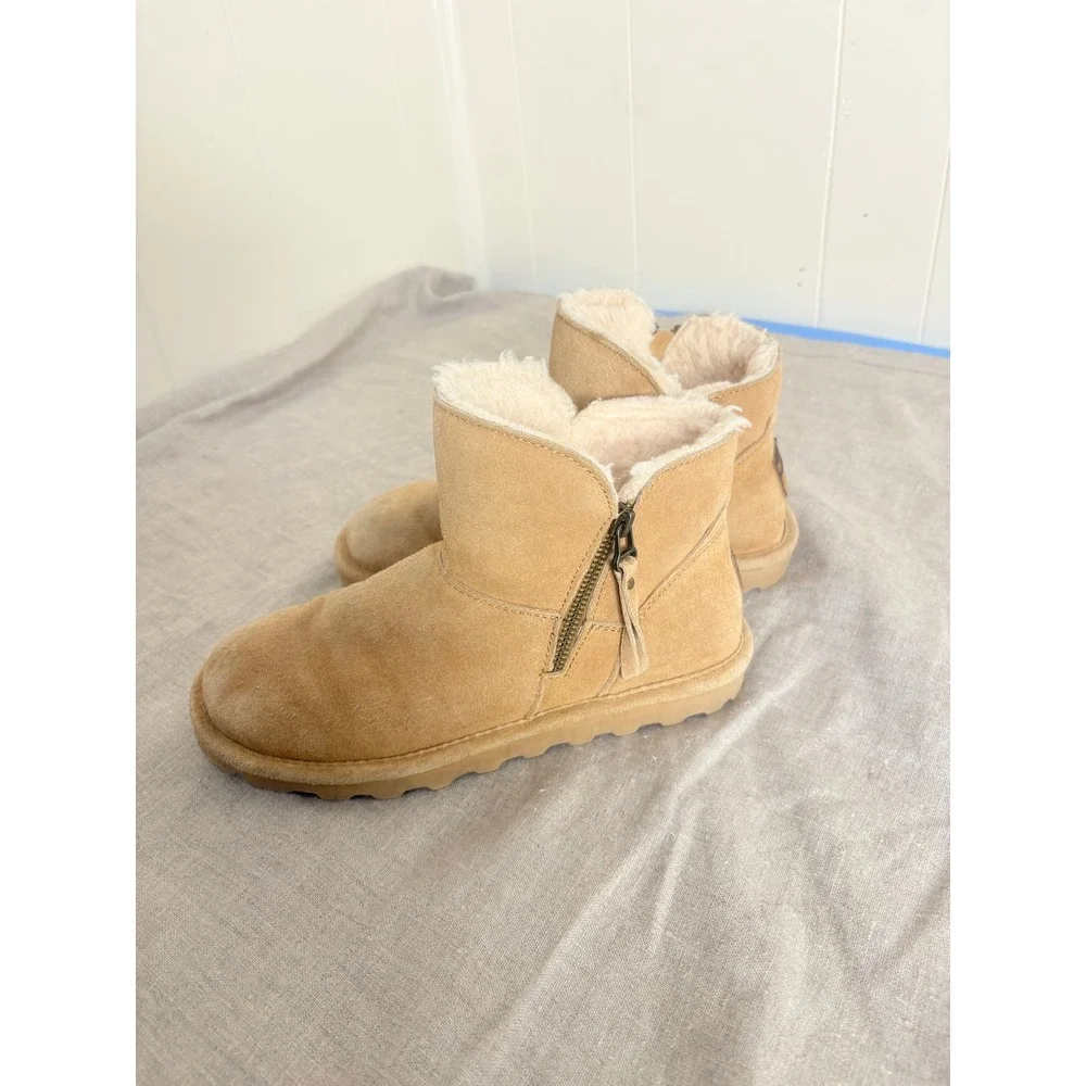 Bearpaw Women Tan Suede Ankle Boots Side Zip Wool Blend‎ Lining Size 7 26050802
